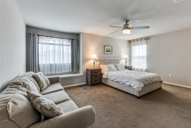 bedroom featuring carpet flooring, ceiling fan, and baseboards