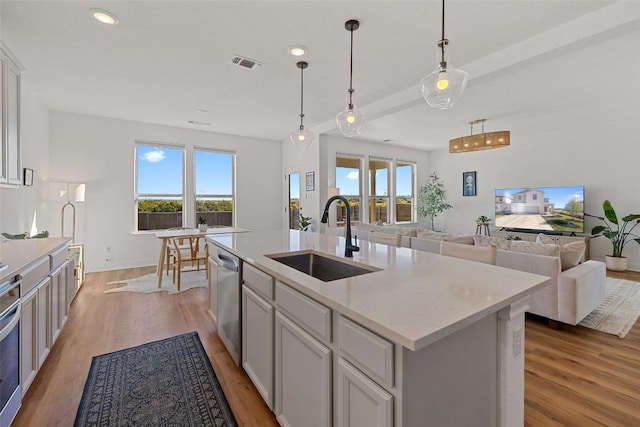 424 Turnbuckle Bnd, Leander, TX 78641 - kitchen with a sink, stainless steel dishwasher, light wood-type flooring, a kitchen island with sink, and recessed lighting
