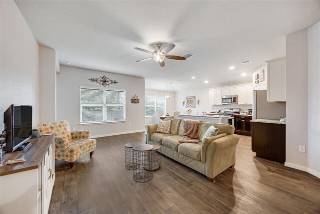 100 Seaholm Ln, Hutto, TX 78634 - living area featuring a ceiling fan, dark wood-style floors, and recessed lighting
