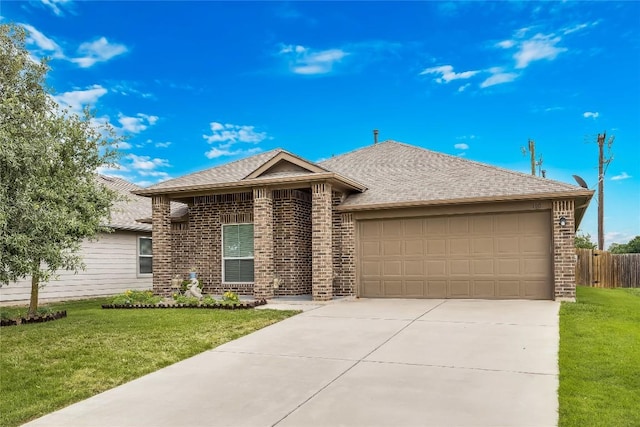 ranch-style house featuring brick siding, a garage, driveway, and roof with shingles