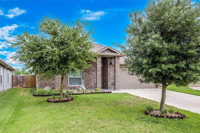 view of property hidden behind natural elements featuring concrete driveway, an attached garage, and brick siding