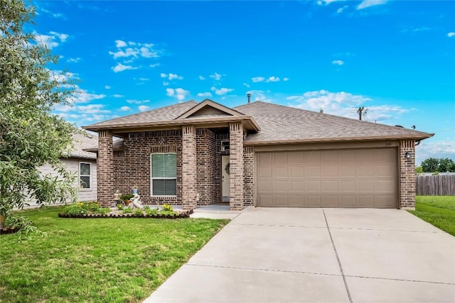 single story home with brick siding, an attached garage, driveway, and roof with shingles