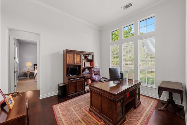 117 Hucks Hideaway, Dripping Springs, TX 78620 - office area featuring dark wood finished floors, crown molding, healthy amount of natural light, and baseboards