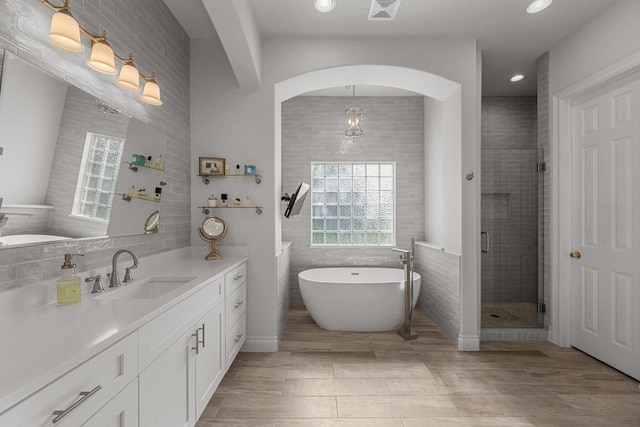 117 Hucks Hideaway, Dripping Springs, TX 78620 - full bathroom with healthy amount of natural light, vanity, a soaking tub, a shower stall, and recessed lighting