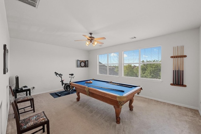 recreation room with carpet, a ceiling fan, billiards, and baseboards