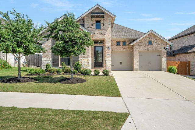 view of front of home featuring concrete driveway, brick siding, stone siding, and a garage
