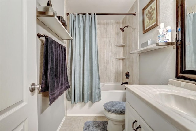 bathroom with tile patterned flooring, shower / bathtub combination with curtain, vanity, and toilet