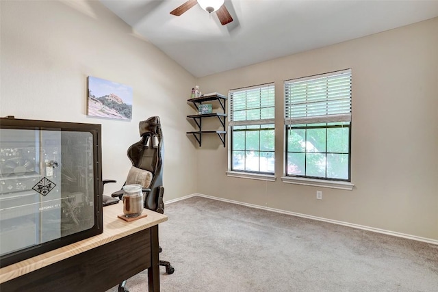11901 Swearingen Dr Unit 110, Austin, TX 78758 - office area featuring carpet floors, a ceiling fan, and lofted ceiling