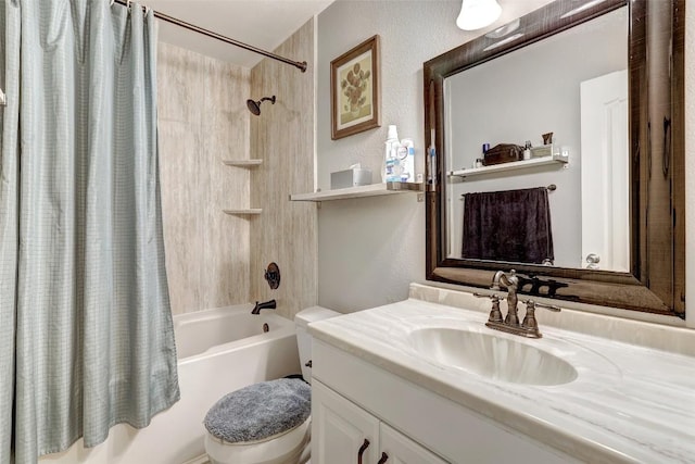bathroom featuring shower / bath combo with shower curtain, toilet, vanity, and a textured wall