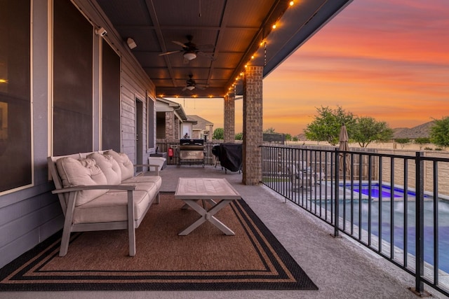 3405 Eagle Ridge Ln, Pflugerville, TX 78660 - balcony with outdoor lounge area, a ceiling fan, a patio area, and view of pool area