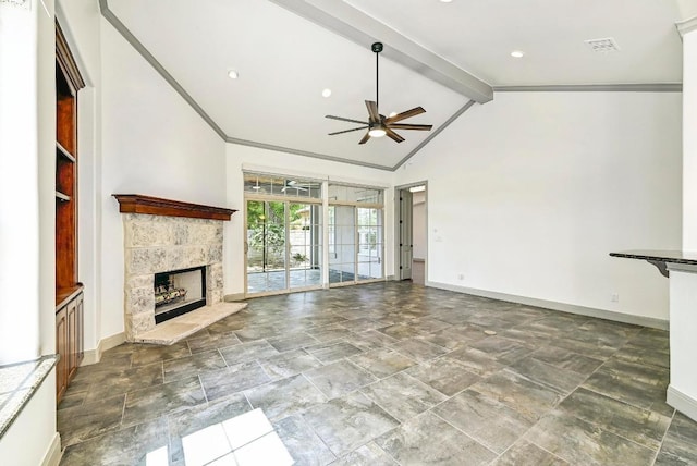 101 Blanco Ct, Horseshoe Bay, TX 78657 - unfurnished living room featuring ceiling fan, baseboards, and a fireplace