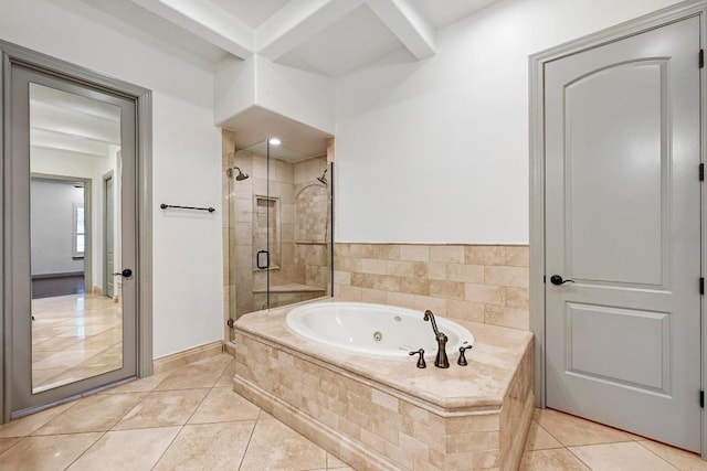 101 Blanco Ct, Horseshoe Bay, TX 78657 - full bath with a shower stall, tile patterned floors, a jetted tub, and beamed ceiling