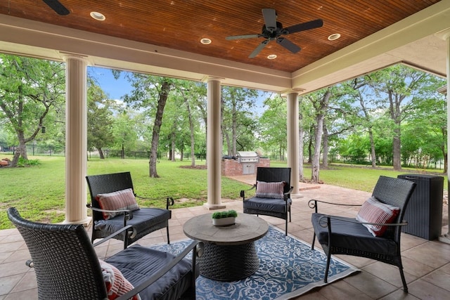 112 Oak Ct, Bastrop, TX 78602 - view of patio / terrace with a ceiling fan, view of wooded area, an outdoor hangout area, and area for grilling