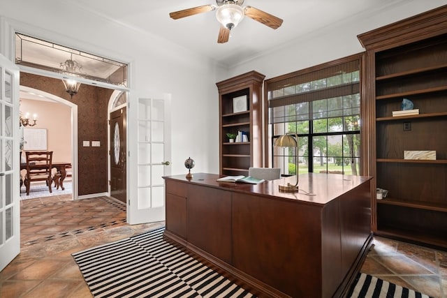 112 Oak Ct, Bastrop, TX 78602 - office space with french doors, crown molding, arched walkways, a chandelier, and ceiling fan