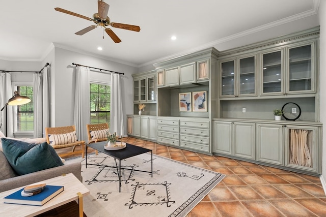 112 Oak Ct, Bastrop, TX 78602 - living area with ornamental molding, recessed lighting, ceiling fan, and light tile patterned floors