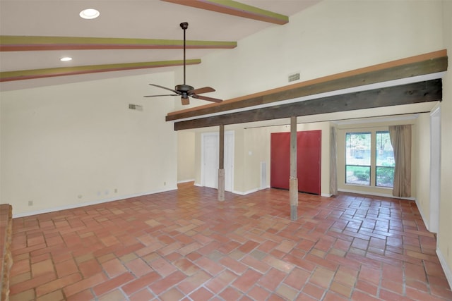 unfurnished living room featuring ceiling fan, recessed lighting, and baseboards