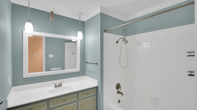 full bathroom with crown molding, tub / shower combination, vanity, and toilet