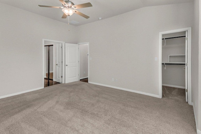 109 Lake Livingston Dr, Georgetown, TX 78628 - unfurnished bedroom featuring carpet flooring, a spacious closet, lofted ceiling, ceiling fan, and a closet
