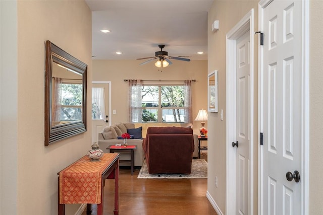 17219 Oak Cliff Cir, Dripping Springs, TX 78620 - living area with a ceiling fan, wood finished floors, and recessed lighting