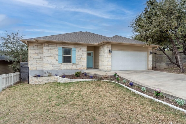 17219 Oak Cliff Cir, Dripping Springs, TX 78620 - single story home featuring stone siding, concrete driveway, an attached garage, and roof with shingles