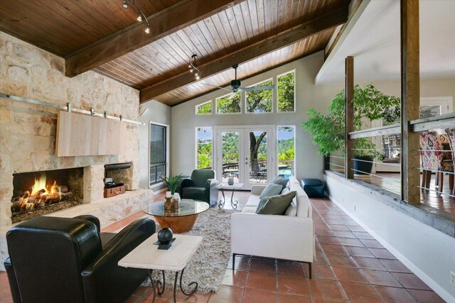 1004 Castle Ridge Rd, Austin, TX 78746 - living area with wood ceiling, baseboards, beamed ceiling, french doors, and high vaulted ceiling