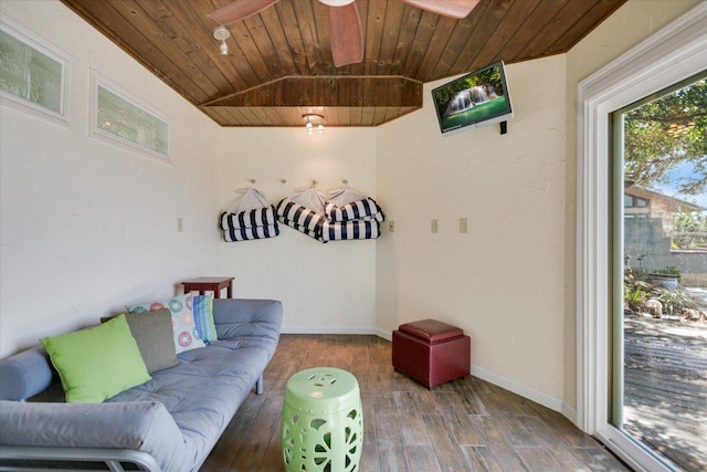 1004 Castle Ridge Rd, Austin, TX 78746 - living room featuring wood ceiling, lofted ceiling, wood finished floors, a ceiling fan, and baseboards
