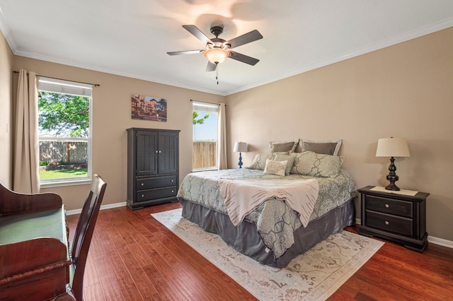 191 Fresno Spgs, Buda, TX 78610 - bedroom with dark wood-style flooring, baseboards, crown molding, and a ceiling fan