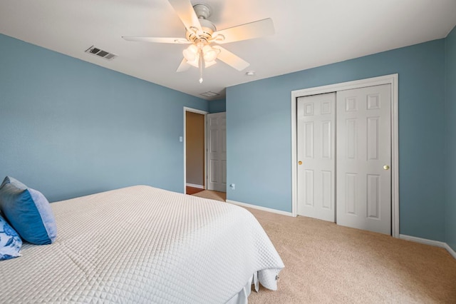 191 Fresno Spgs, Buda, TX 78610 - bedroom featuring baseboards, a closet, light colored carpet, and a ceiling fan