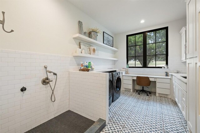 1278 Sanctuary Ln, Blanco, TX 78606 - laundry area with washer and dryer, cabinet space, recessed lighting, and an office area