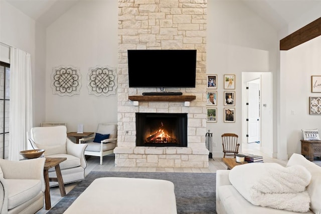 1278 Sanctuary Ln, Blanco, TX 78606 - living room featuring a fireplace, high vaulted ceiling, baseboards, and wood finished floors