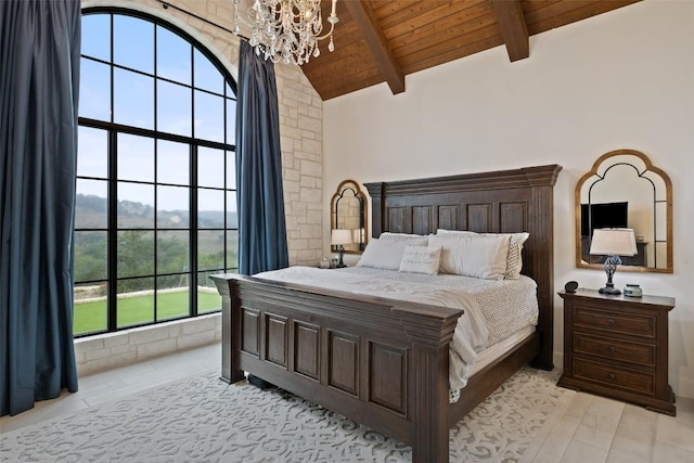 1278 Sanctuary Ln, Blanco, TX 78606 - bedroom with a chandelier, wood ceiling with exposed beams, and high vaulted ceiling