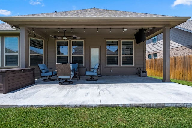 12709 Twisted Root Dr, Manchaca, TX 78652 - rear view of property with a ceiling fan, fence, roof with shingles, and a patio