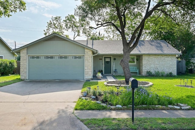 ranch-style house with stone siding, an attached garage, a front lawn, and concrete driveway