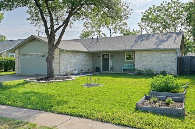 ranch-style house with stone siding, a garage, a garden, and driveway