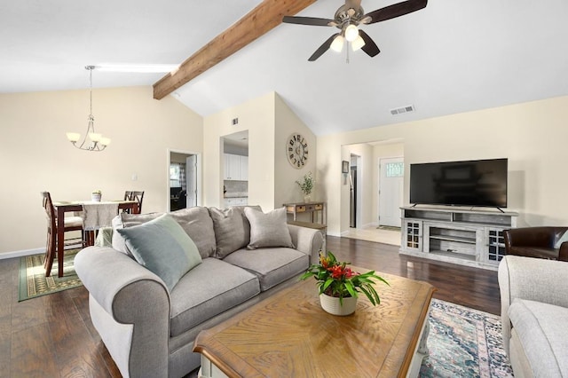 living area featuring a chandelier, ceiling fan, dark wood finished floors, and baseboards