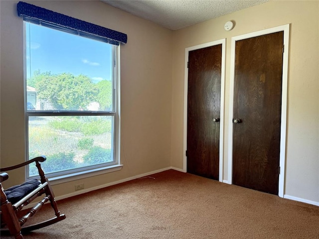 unfurnished room with carpet flooring, baseboards, and a textured ceiling
