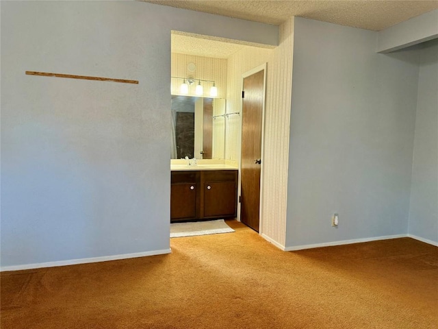 unfurnished room featuring light colored carpet, baseboards, a textured ceiling, and a sink
