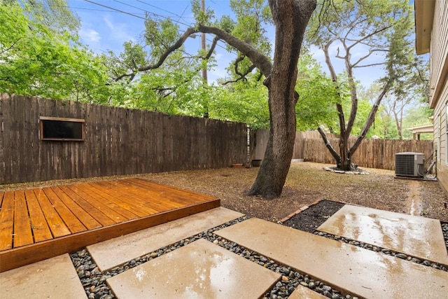 fenced backyard featuring central air condition unit
