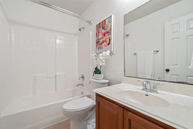 bathroom featuring toilet,  shower combination, vanity, and tile patterned floors