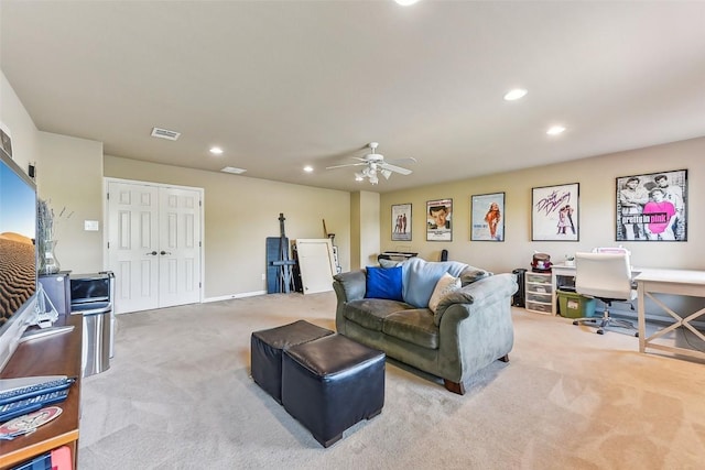 201 Tulip Trail Bnd, Cedar Park, TX 78613 - living area with light colored carpet, recessed lighting, an office area, a ceiling fan, and baseboards