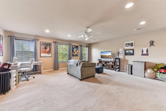 201 Tulip Trail Bnd, Cedar Park, TX 78613 - carpeted living area featuring a desk, a ceiling fan, baseboards, and recessed lighting