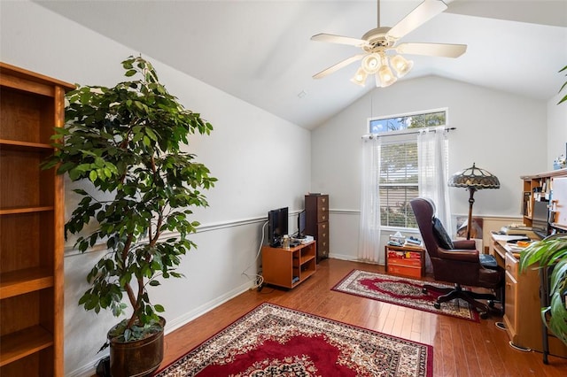 801 Lone Buck Pass, Cedar Park, TX 78613 - home office with vaulted ceiling, a ceiling fan, and wood finished floors