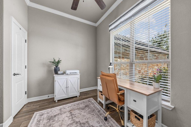 office space with wood finished floors, ornamental molding, baseboards, and a ceiling fan