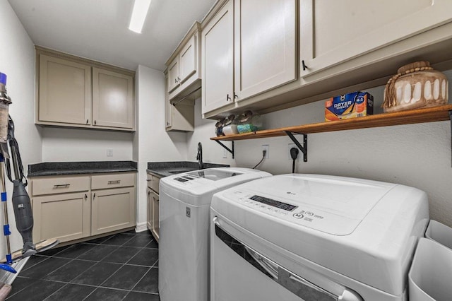 washroom with separate washer and dryer, cabinet space, and dark tile patterned flooring