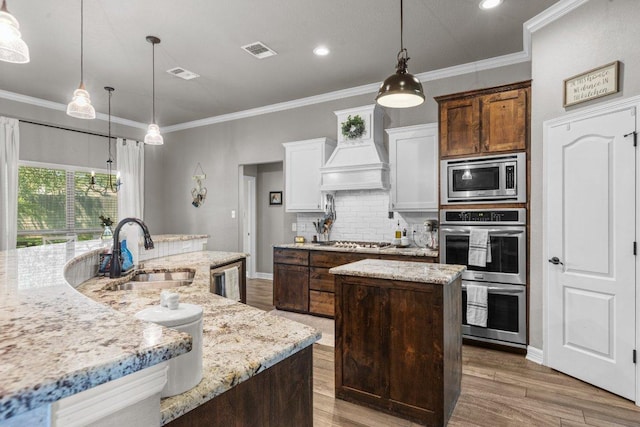 kitchen with a sink, appliances with stainless steel finishes, a center island with sink, custom exhaust hood, and decorative backsplash