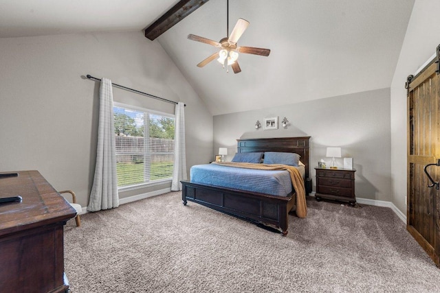 carpeted bedroom featuring a barn door, baseboards, and ceiling fan