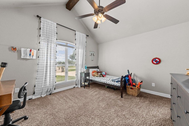 bedroom featuring carpet, a desk, baseboards, and ceiling fan