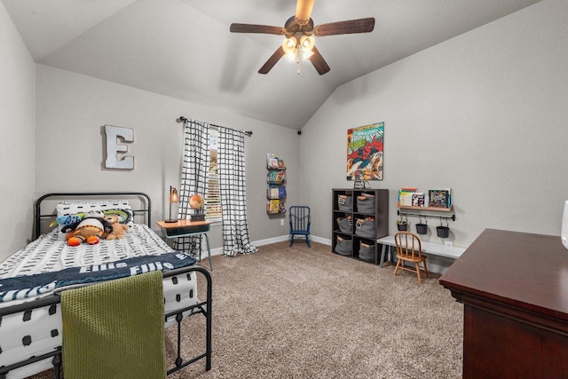 bedroom with lofted ceiling, carpet, baseboards, and a ceiling fan