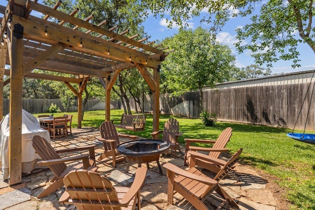 view of patio featuring a fire pit and a pergola