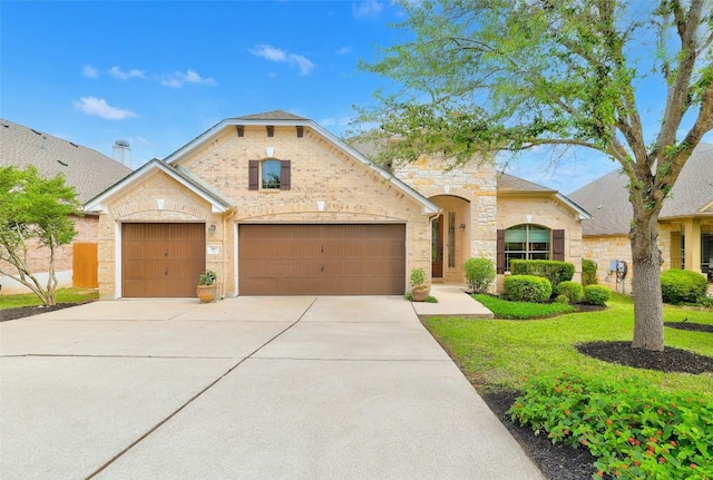 view of front of house featuring concrete driveway, an attached garage, a front yard, and stone siding